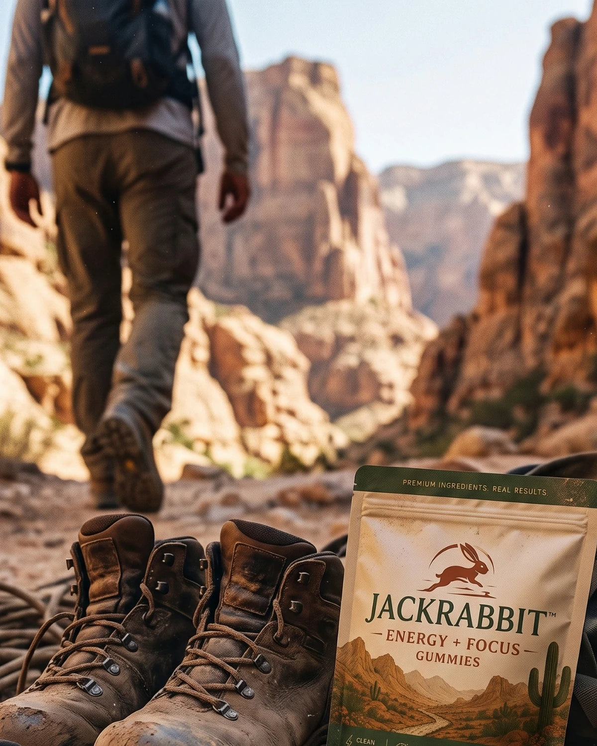 Hiking boots and Jackrabbit pouch on a canyon trail