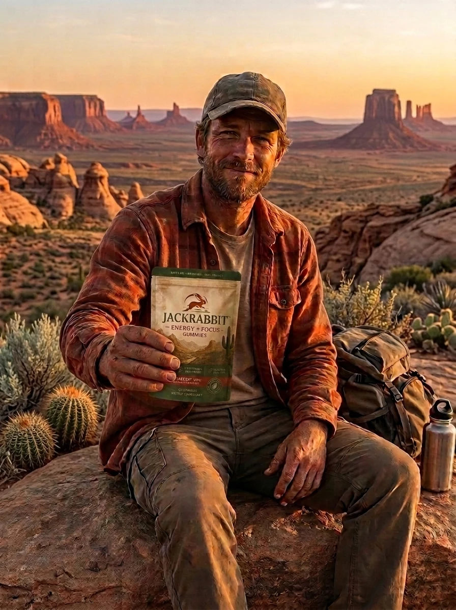 Hiker holding Jackrabbit gummies