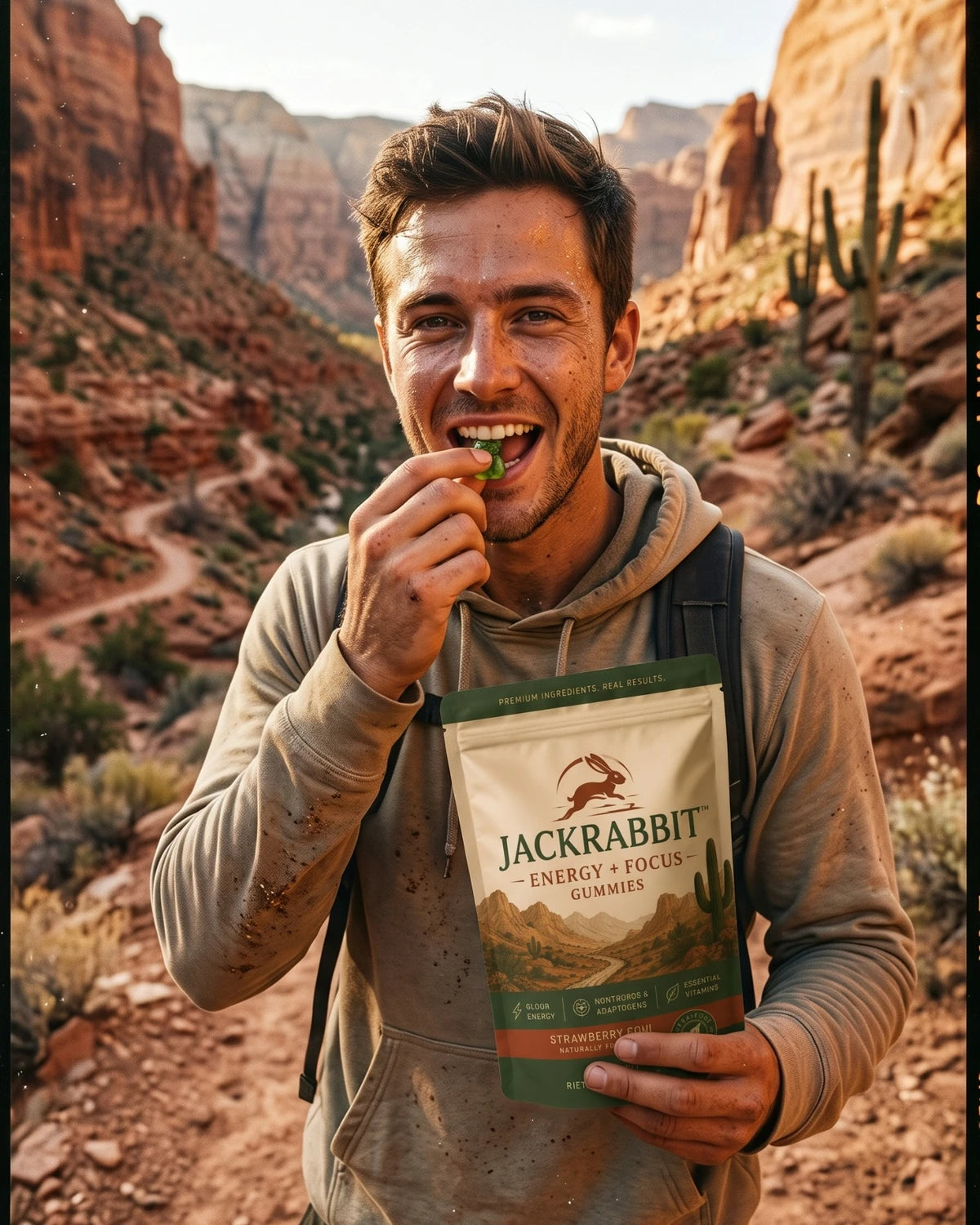 Hiker taking a Jackrabbit gummy in a canyon