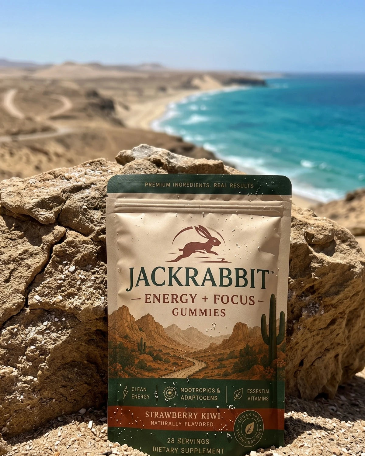 Jackrabbit pouch beside a coastal landscape