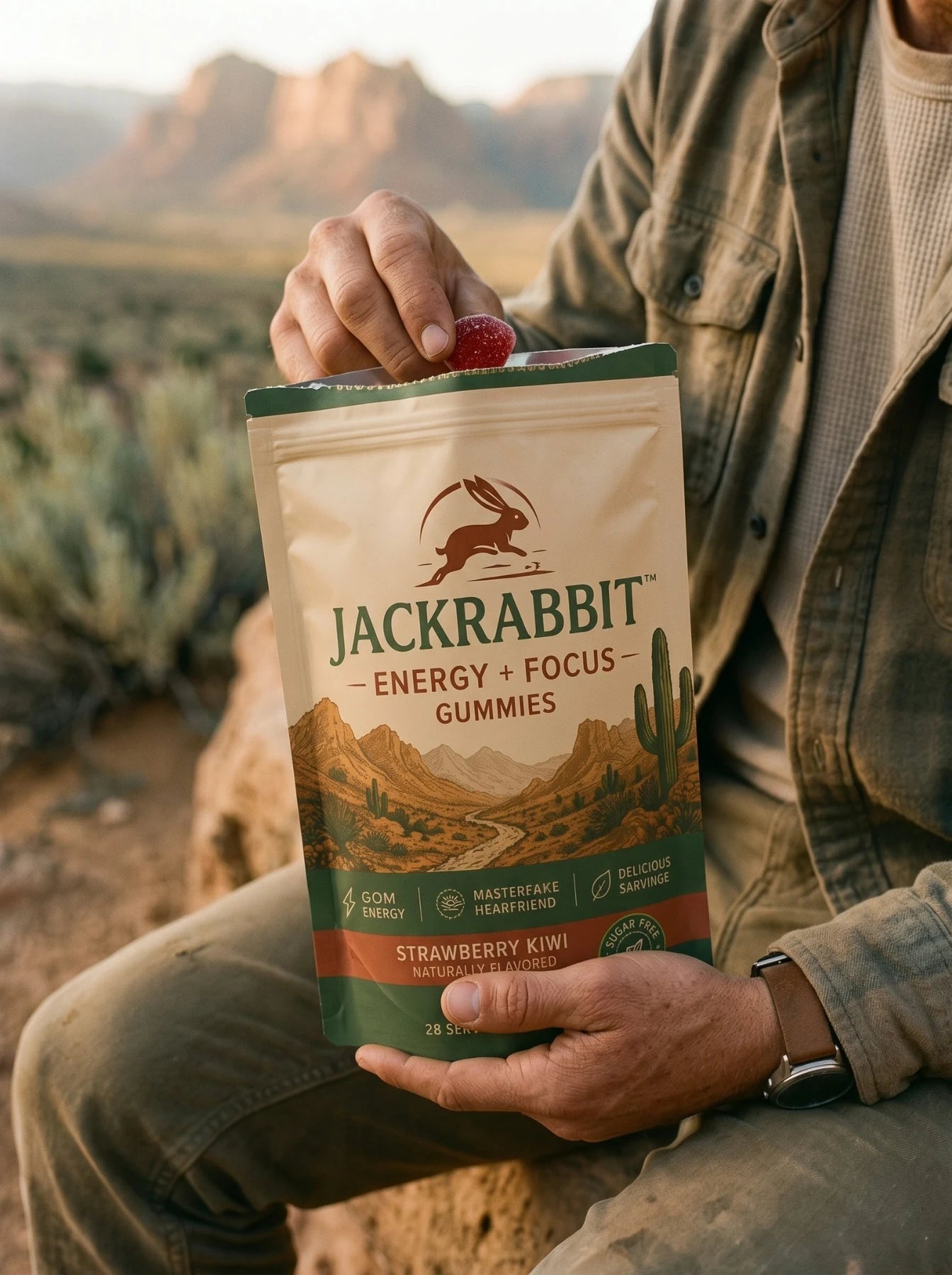 Person taking a Jackrabbit gummy outdoors
