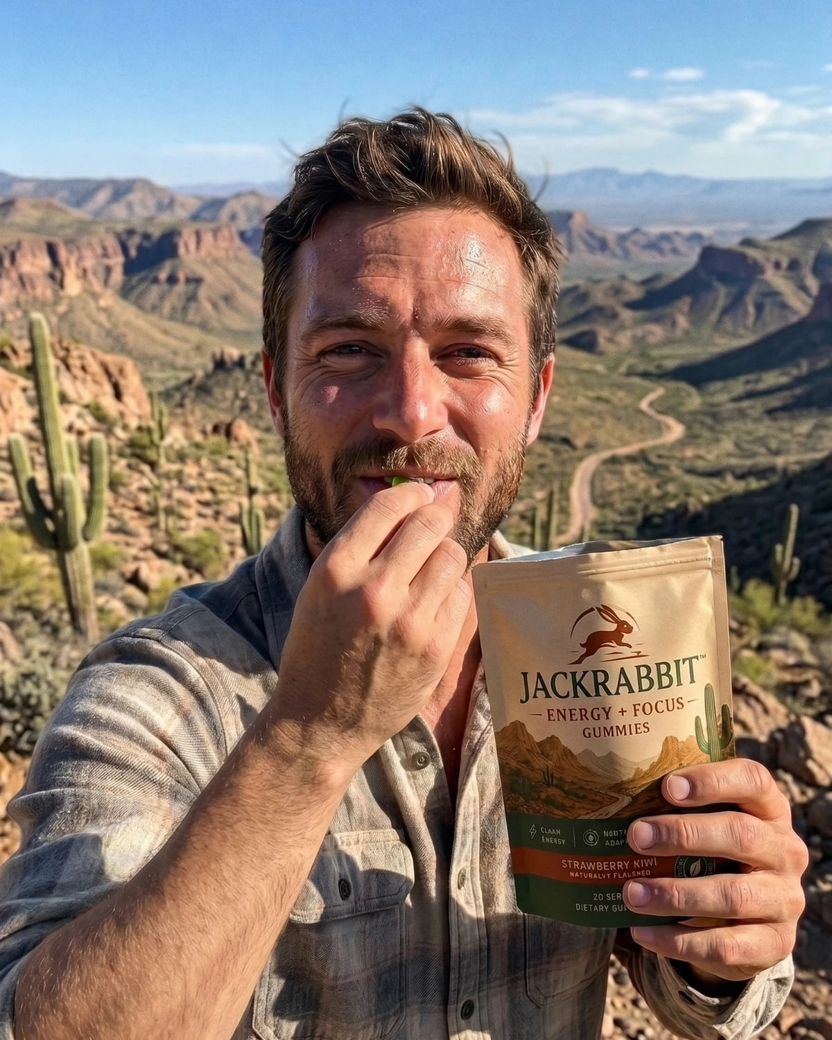 Hiker taking a Jackrabbit gummy
