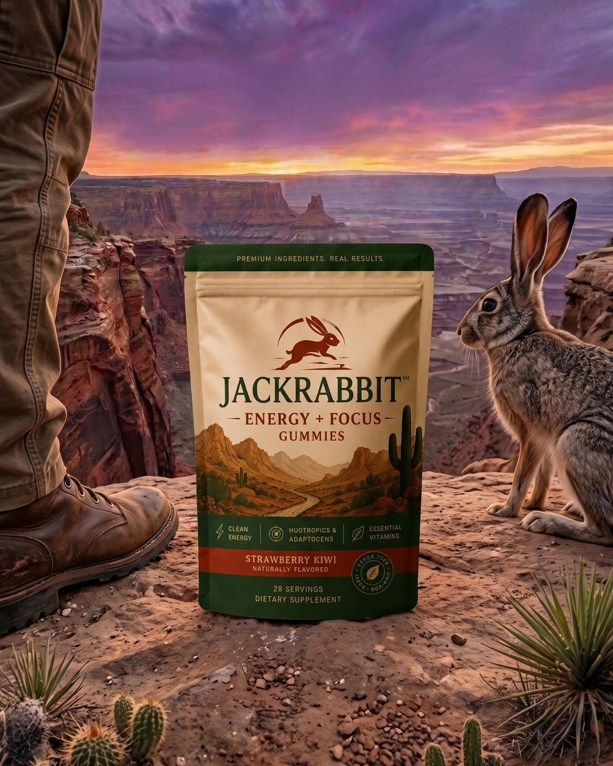 Jackrabbit pouch beside a jackrabbit on a canyon trail