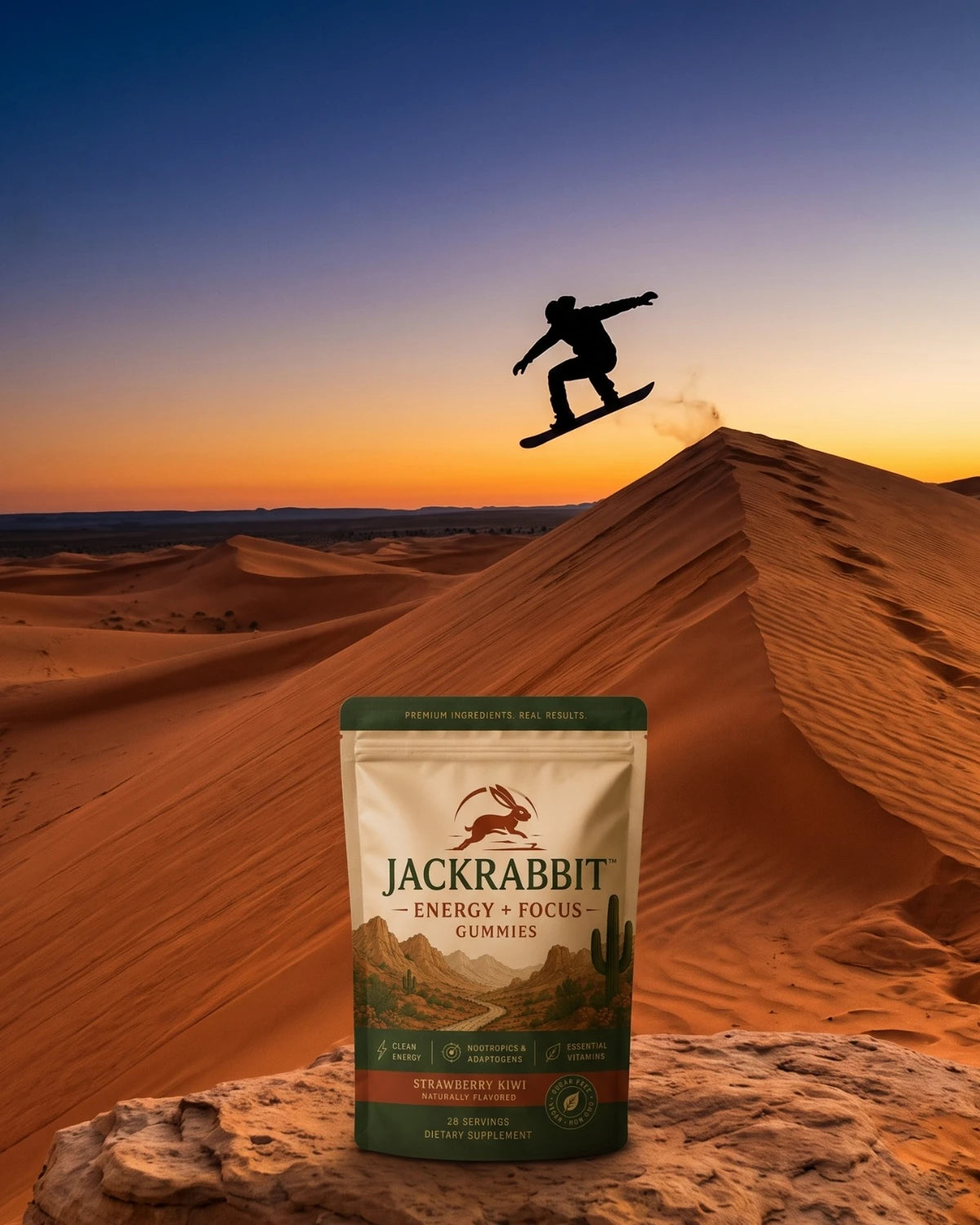 Sandboarder above a Jackrabbit pouch